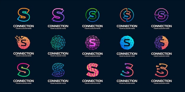 創造的な手紙S現代デジタルテクノロジーのロゴのセットです。ロゴは技術、デジタル、接続、電気会社に使用できます。