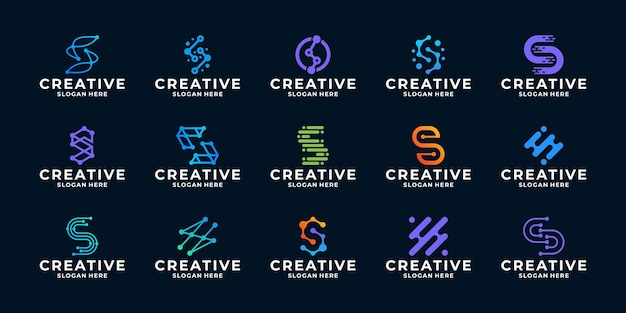 デジタル技術のドット コンセプト ロゴ デザインと創造的な文字 S のセット