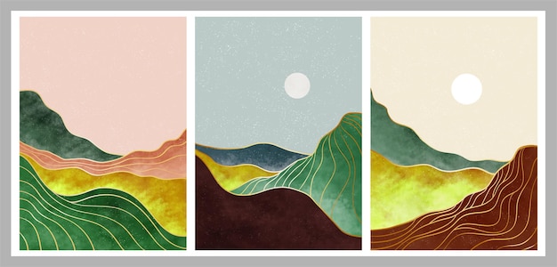 Set di illustrazioni creative dipinte a mano minimaliste della metà del secolo moderno. fondo astratto naturale del paesaggio. montagna, foresta, mare, cielo, sole e fiume