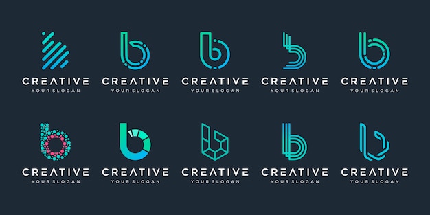 창의적인 모노 그램 문자 B 로고 템플릿 집합입니다. 로고는 건축 및 기술 디지털 회사에 사용할 수 있습니다.