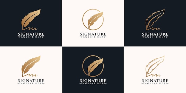 Set creative quill signature logo design with minimalist feather ink Premium Vector