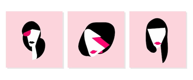 Set creative shapes design graphics with geometric shapes abstract geometric face minimalism girl or woman silhouette cubism