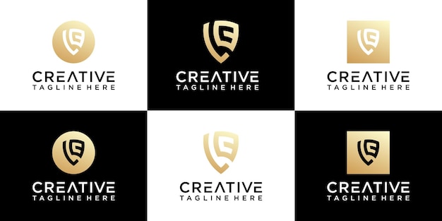 set of creative shield monogram gold logo design