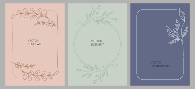 A set of creative templates in a minimal modern style with copy space for your text Frames with leaves flowers geometric and natural elements for writing postcards cover designx9