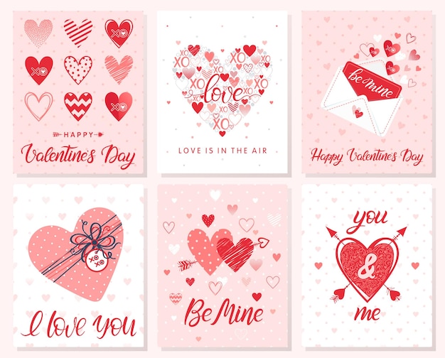 Set of creative Valentines Day cards with heartsdotshugs and kisseslove lettergift box and arrowsRomantic illustrations perfect for printsflyerspostersholiday invitations and more