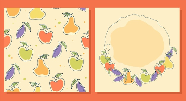 Set of creative vector seamless pattern and illustration with fruits. Line and color spots.