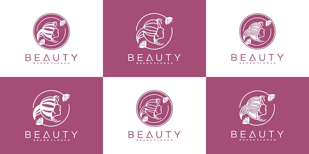 Set of creative woman logo design template with unique line art style for beauty salon Premium vektor