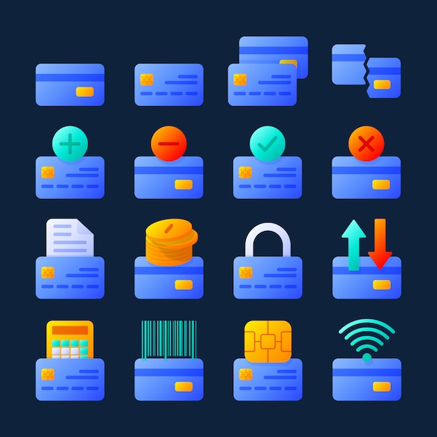 Set di carte di credito in stile moderno. simboli bancari colorati di alta qualità per la progettazione di siti web e app mobili.