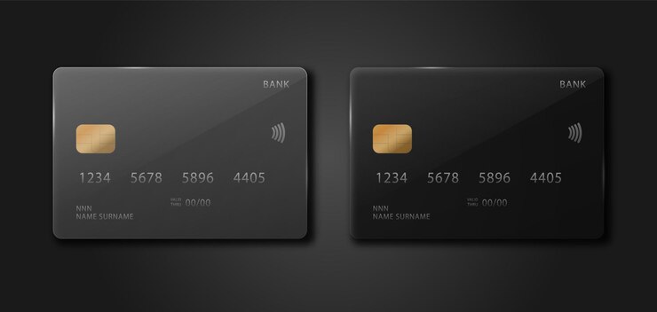 Вектор набор кредитных карт на черном фоне. реалистичные макеты банковских карт