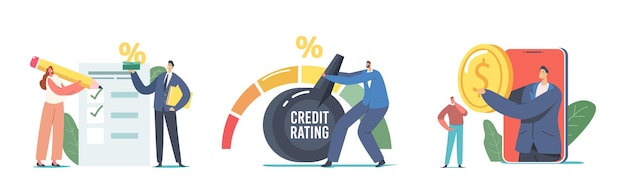 ローン、住宅ローン、および支払いに対する個人の信用力またはリスクを示す債務レポートに基づいて、クレジットスコアの格付けを設定します。銀行はクレジットのためにキャラクターを評価します。漫画の人々のベクトル図