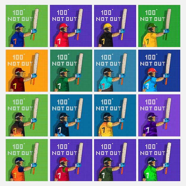 Set of cricket batter player in different countries and 100 not out font on grid background.