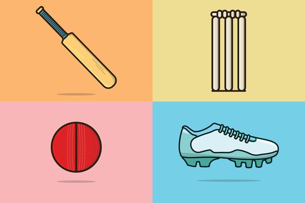 Set of Cricket sports game elements vector illustration.