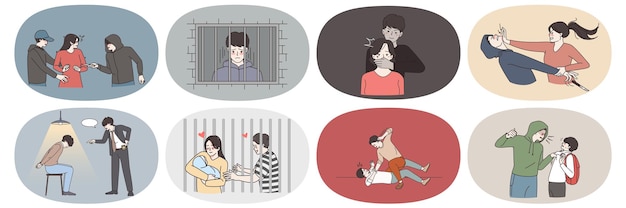 Vector set of criminal threaten victim show violence and abusive behavior. convicted thief or bandit arrested for misdemeanor or crime, sit in jail or prison. law and order. flat vector illustration.