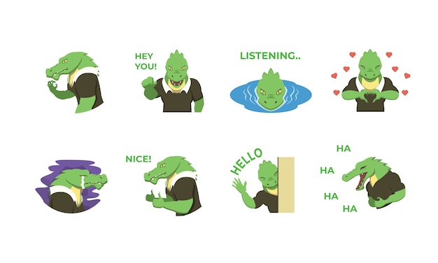 Set of Crocodile Character  Set Wearing Clothes with multiple expressions