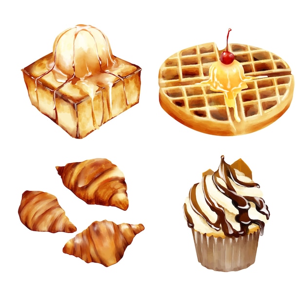 Set croissant toast wafel en cupcake bakkerij aquarel vectorillustratie isoleren op wit