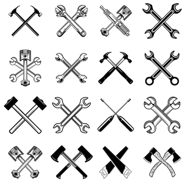 Vector set of crossed saws, hammers, pistons, wrench, axe. design element for logo, label, emblem, sign.