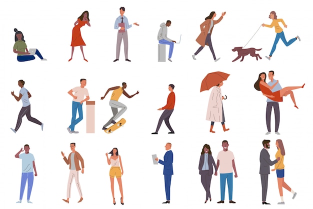 Set of crowd diverse people doing various leisure and job activities. group of male and female flat cartoon isolated characters trendy design illustration.