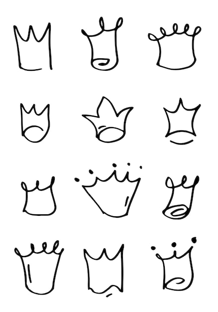 Vector set crown logo graffiti icon on white backgrounddoodle illustration