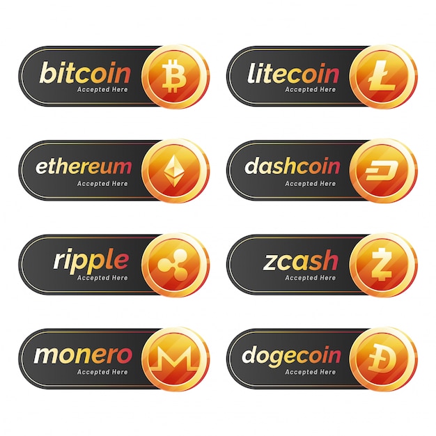 Set of cryptocurrencies with golden coins and labels.