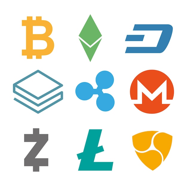 Set of cryptocurrency icons. Simple design in different color. Vector. Cryptocurrency on white background, digital currency, futuristic digital money