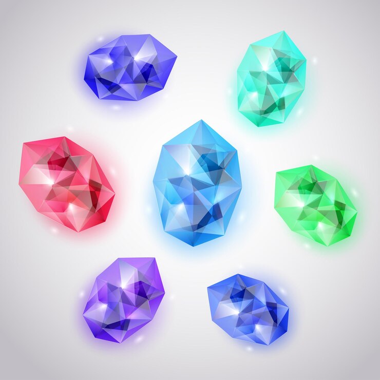 Vector set of crystals in various colors with glares and shadows