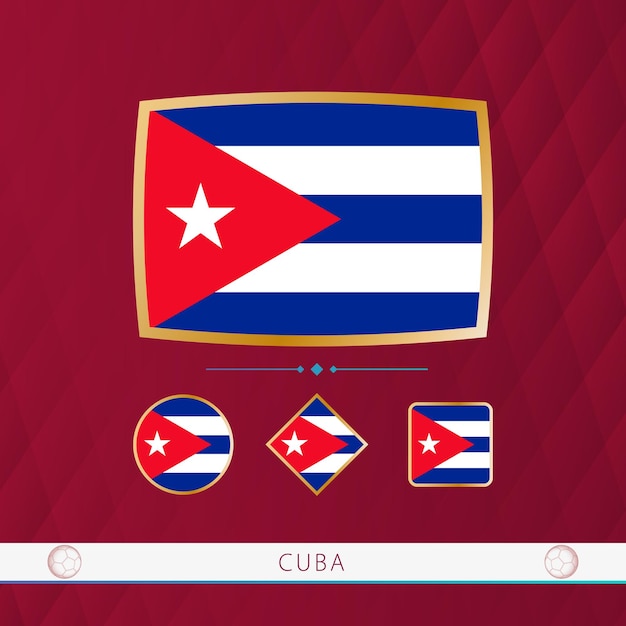 Vector set of cuba flags with gold frame for use at sporting events on a burgundy abstract background