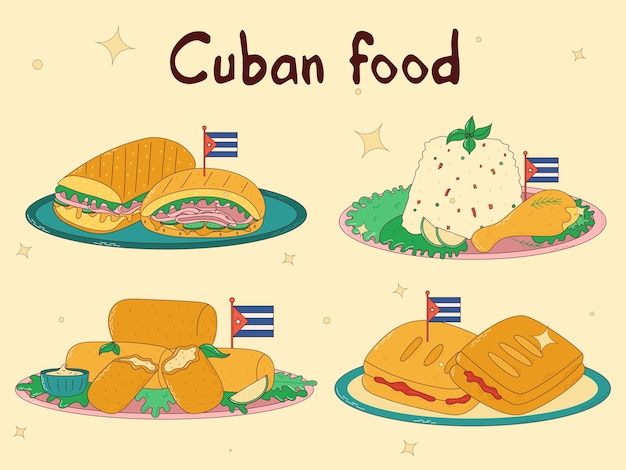 Vector set of cuban food traditional cuban dish vector illustration