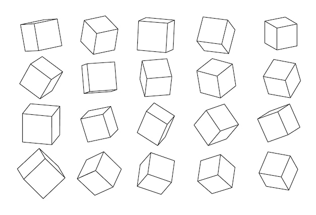 A set of cube icons with a perspective 3d cube model with a shadow Vector illustration Isolated on a transparent background