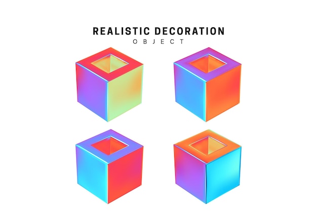 Set Cube. Square Realistic geometric shapes with holographic color gradient. Hologram decorative design elements isolated white background. 3d objects shaped blue color. vector illustration.
