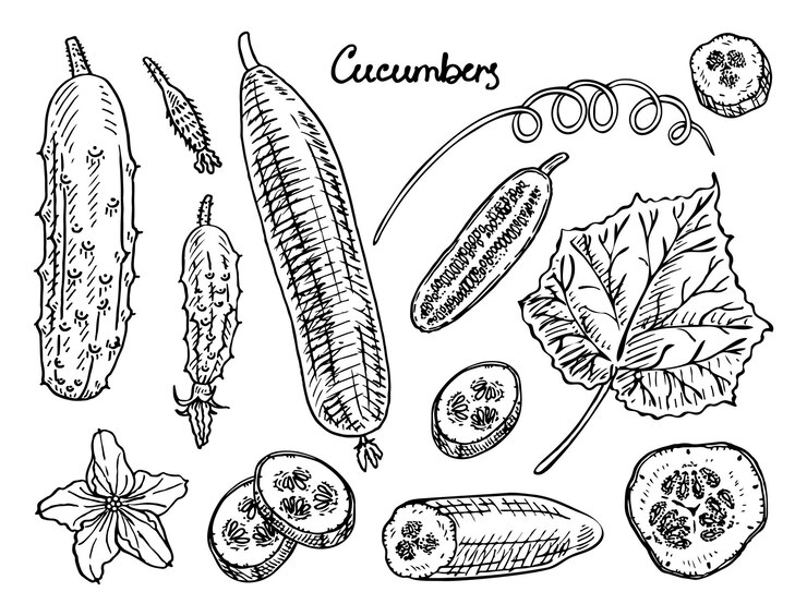Vector set cucumbers sketch fresh vegetable food fruit herbaceous plant hand drawn vector illustration