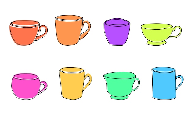 커피나 차를 위한 컵 세트. 색상이 있는 라인 아트 스타일의 컬러 컵. 손으로 그리는 벡터 일러스트 레이 션