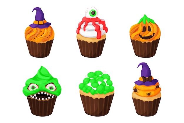 Impostare cupcake halloween monster dessert con faccia spaventosa, denti, occhi cappello da strega e zucca in cartone animato