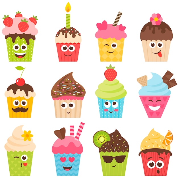 Set cupcake smileys op wit