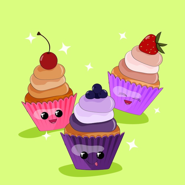 Set of cupcakes cupcakes in kawaii style