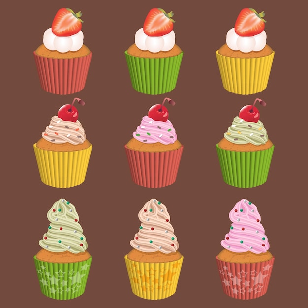 Vector a set of cupcakes decorated with cream and fruit