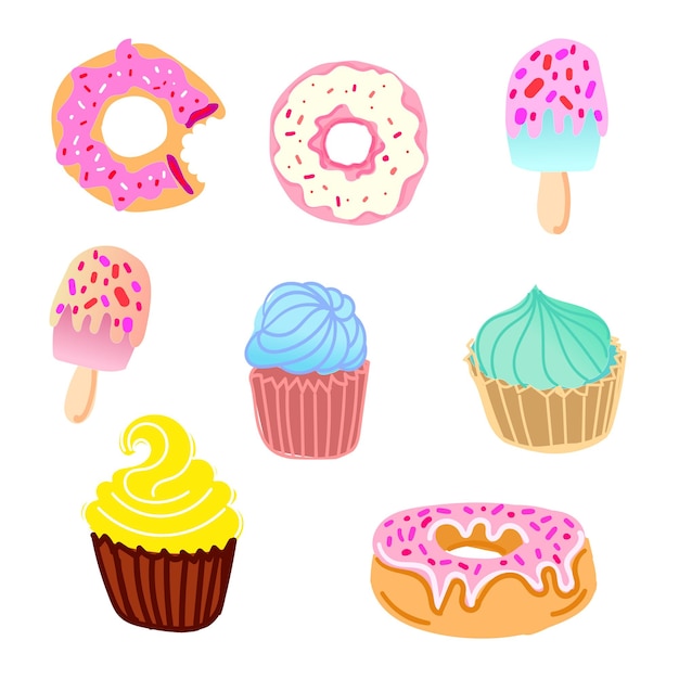 Set di ciambelle cupcakes e illustrazione vettoriale di cake pops