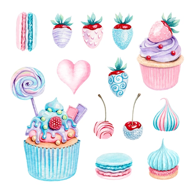 Vector set of cupcakes glazed berries marshmallow