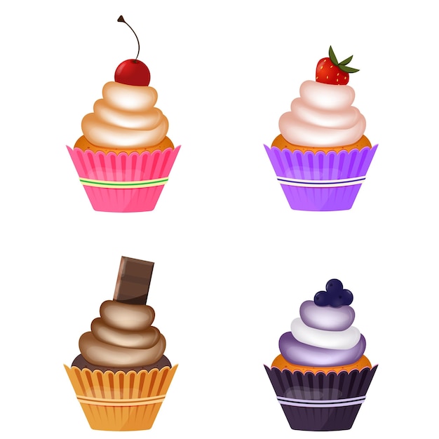 Set cupcakes Vier verschillende cupcakes met slagroom