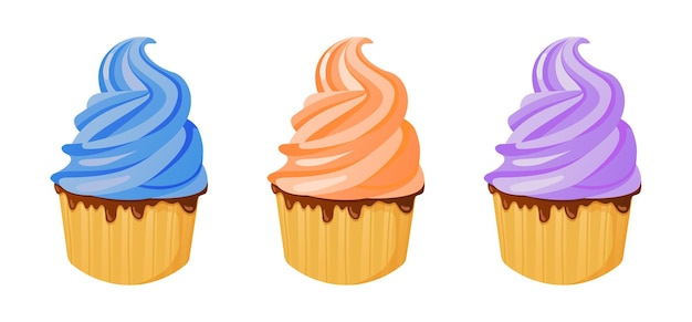 Vector set of cupcakes with different cream color.