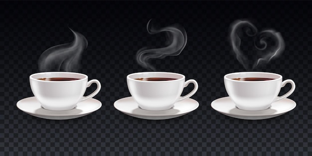 set of cups of black coffee with steam