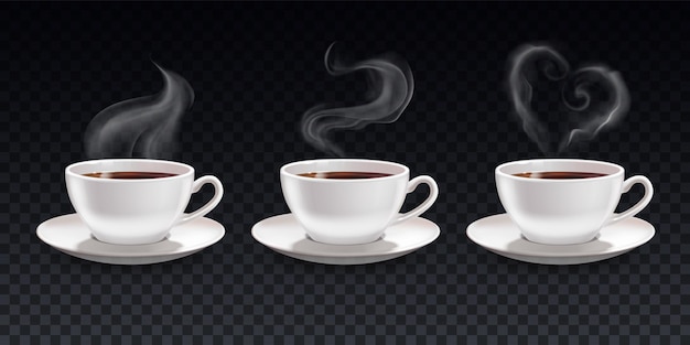 Vector set of cups of black coffee with steam