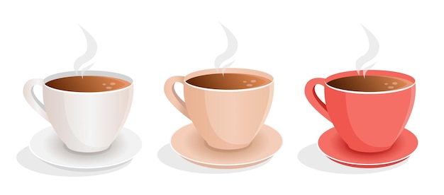 Vector set of cups of fresh coffee tea on an isolated background.