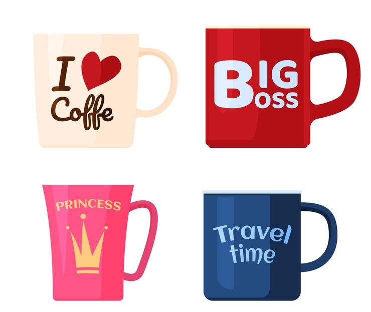Vector set of cups with inscriptions. big boss, princess, i love coffee, travel time.
