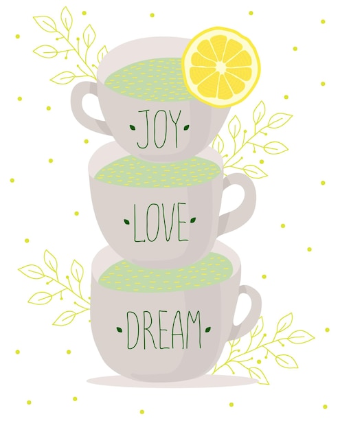 A set of cups with lettering and a lemon floral decoration Motivation vector Flat illustration