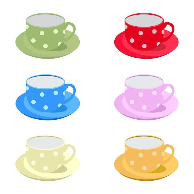 Set of cups with saucers in polka dots vector illustration