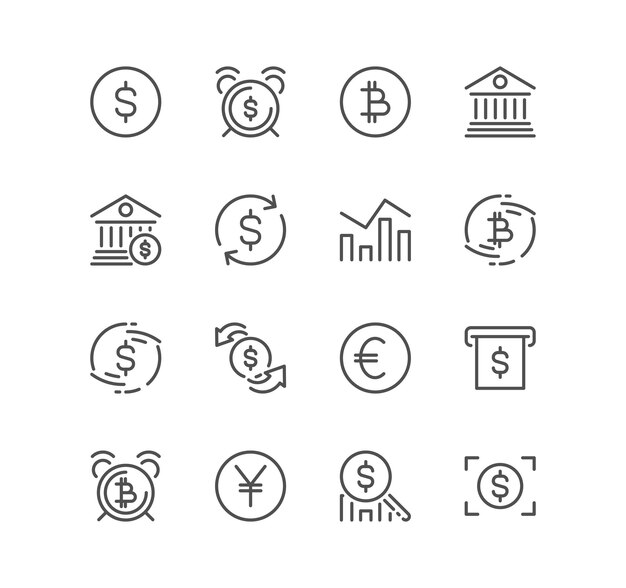 Vector set of currency related icons exchange investment bank deposit financial forecast change graph