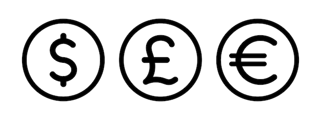 Vettore set di simboli di valuta sterlina britannica euro dollaro nero linea piena segno in un cerchio denaro icona vettore illustrazione vettoriale design