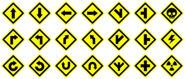 Vector set curve u turn right left forward back yellow junction loop split road danger warning sign