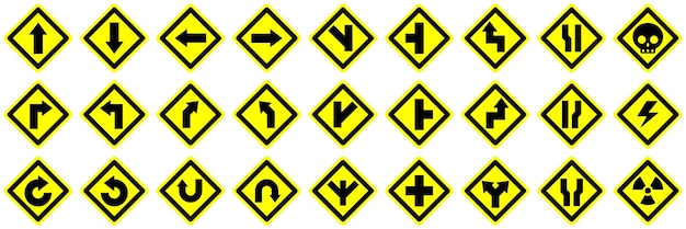 Vector set curve u turn right left forward back yellow sharp split narrows road danger warning sign