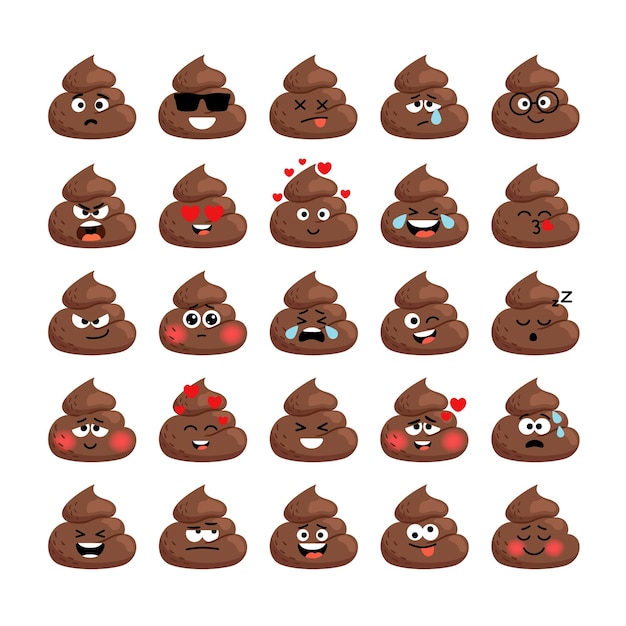Set of cut poop emoticon smileys isolated on white background